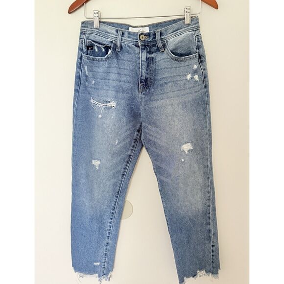 Kancan Slim Straight Jeans Medium Wash Distressed Frayed Hem 90s Denim Vibe 3/25 - Picture 2 of 9